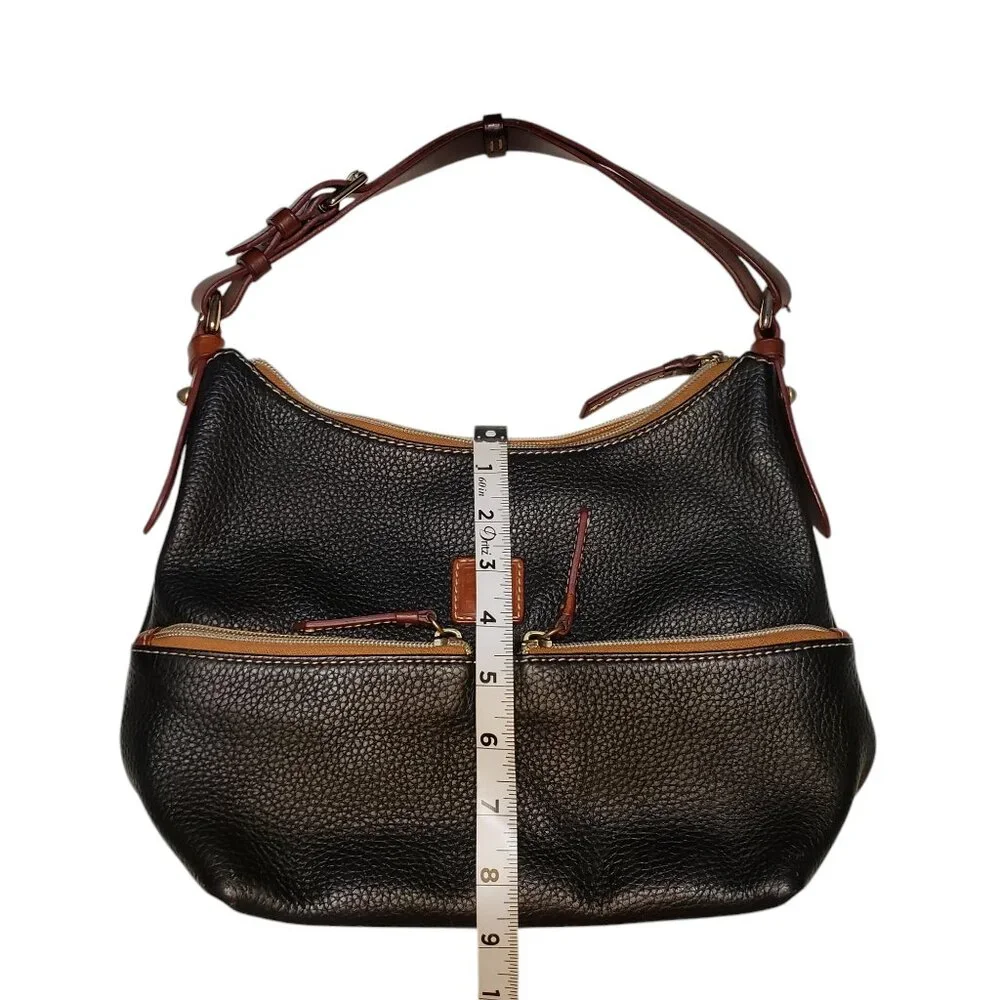 Dooney and Bourke Black Pebbled Leather Shoulder Bag Brown Trim Red Interior